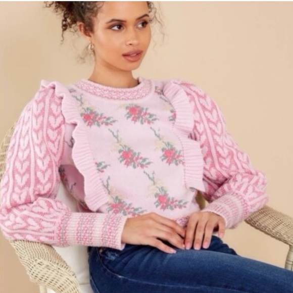 LoveShackFancy Warwick Ruffle Crewneck Sweater in Strawberry Floral Size Medium - Picture 4 of 11